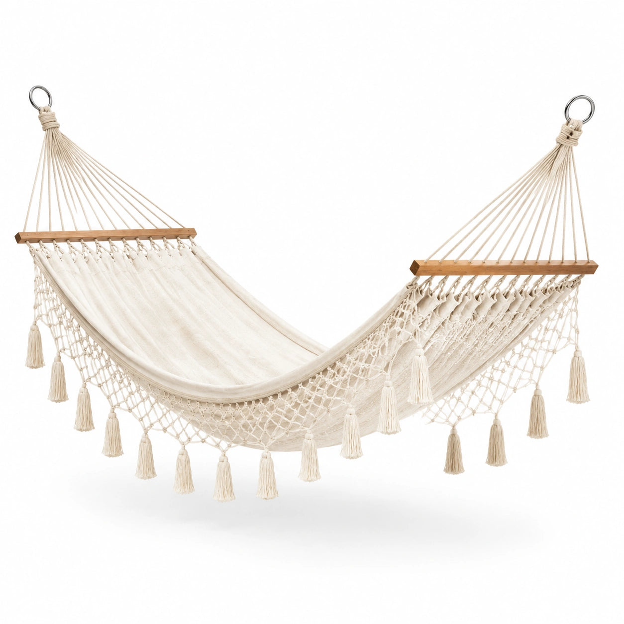 Hamac en coton écru avec franges et barres en bois 200x150 cm