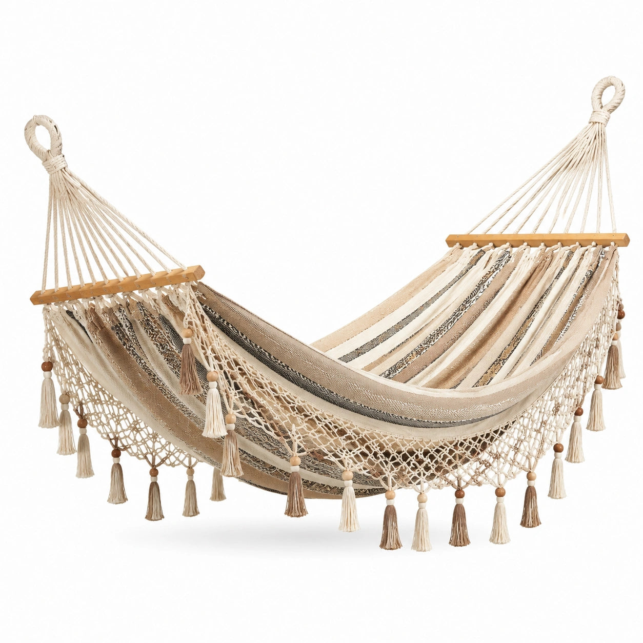 Hamac en coton avec barres en bois et franges décoratives