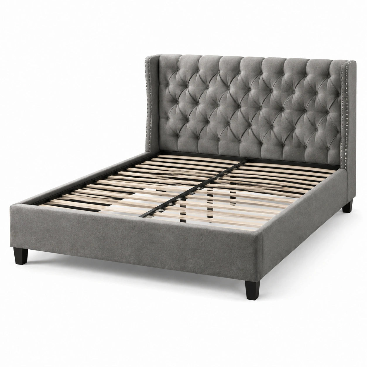 Lit double en tissu gris avec tête de lit capitonnée 160x200 cm