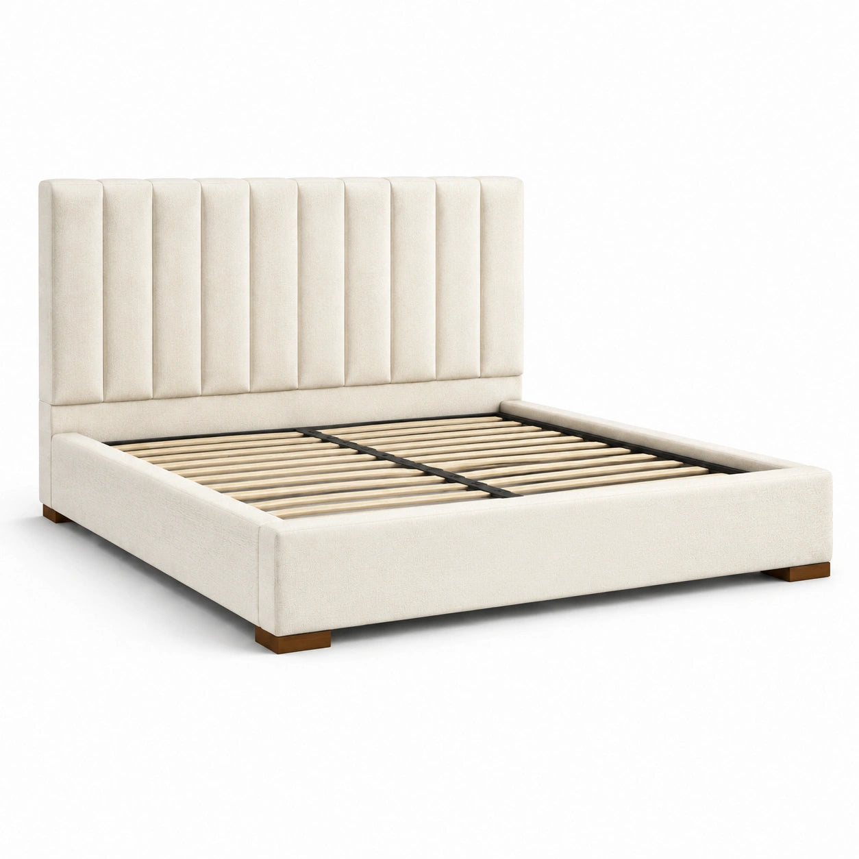 Lit en tissu polyester beige avec sommier en bois 200x160 cm