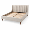 Lit double en tissu polyester beige avec lattes en bois massif