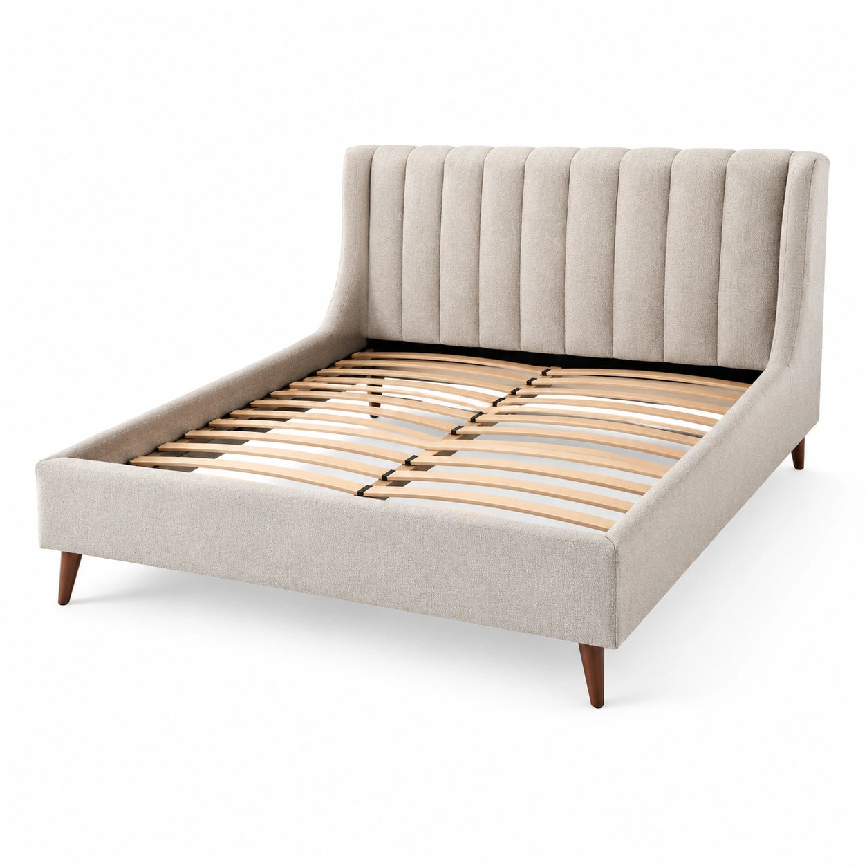 Lit double en tissu polyester beige avec lattes en bois massif