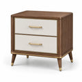 Table de chevet en bois avec détails dorés, 2 tiroirs, noyer