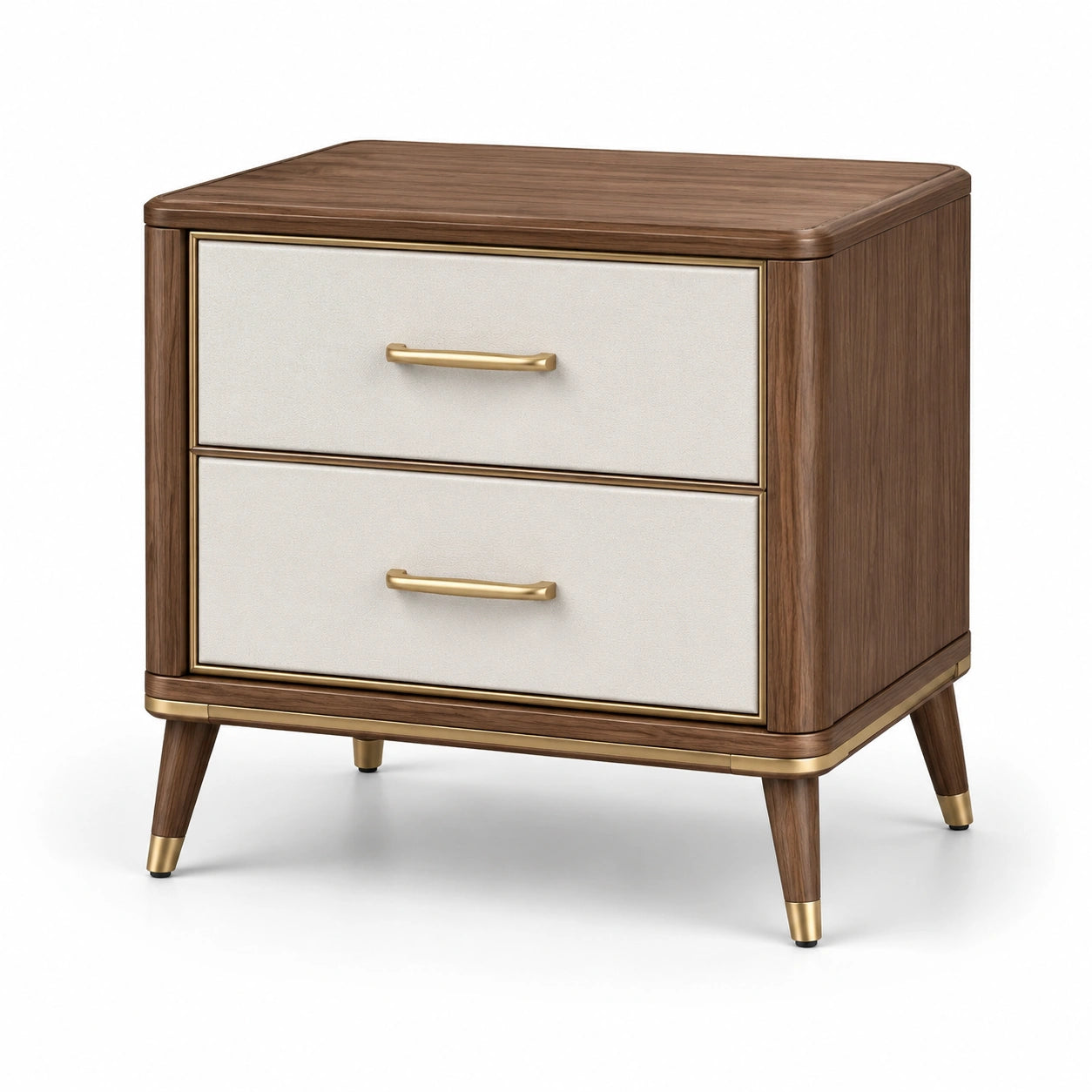 Table de chevet en bois avec détails dorés, 2 tiroirs, noyer