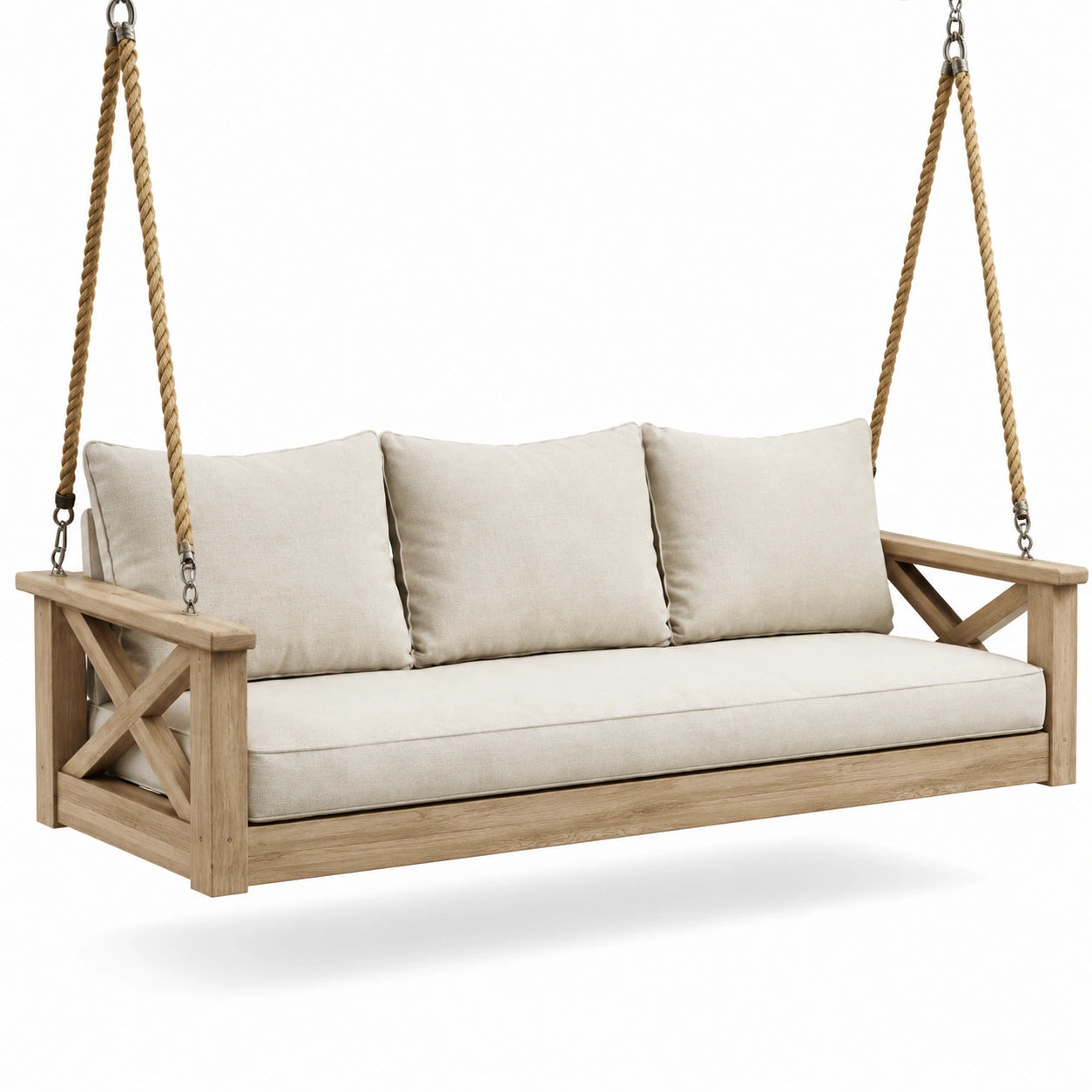 Balancelle en bois avec coussins en tissu crème