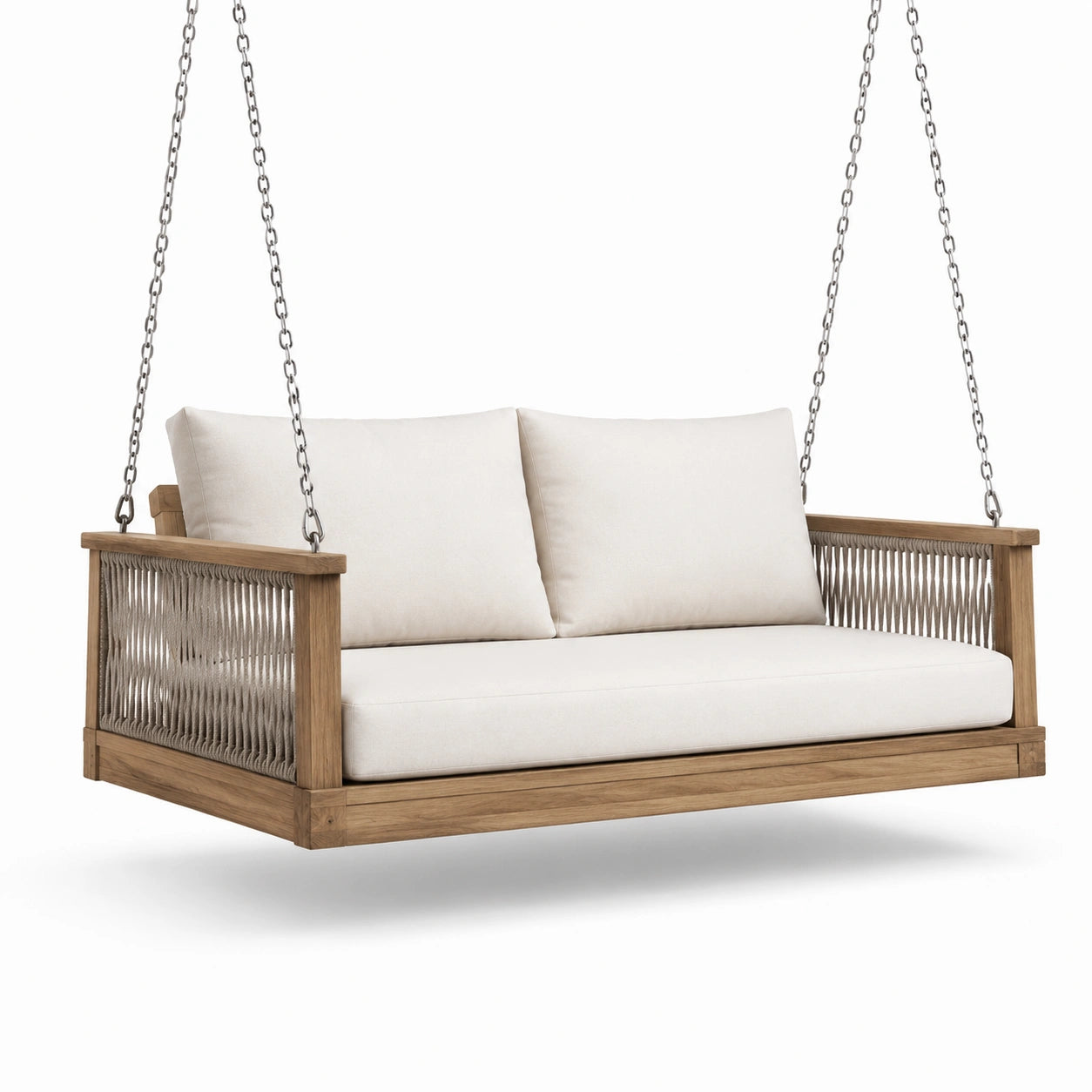 Balancelle en bois et corde avec coussins blancs