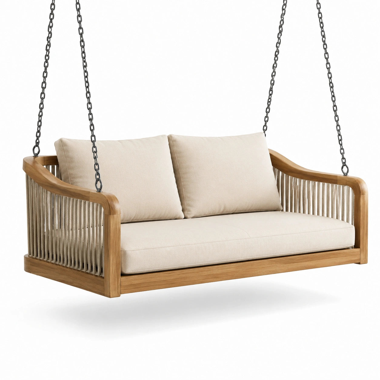 Balancelle en bois avec coussins en lin beige
