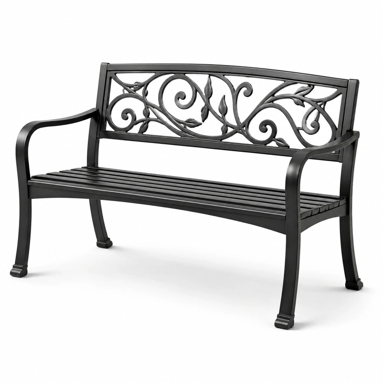 Banc de jardin en métal noir avec dossier décoratif