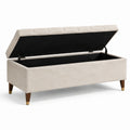 Banc de rangement en tissu polyester beige avec pieds en bois 120 cm
