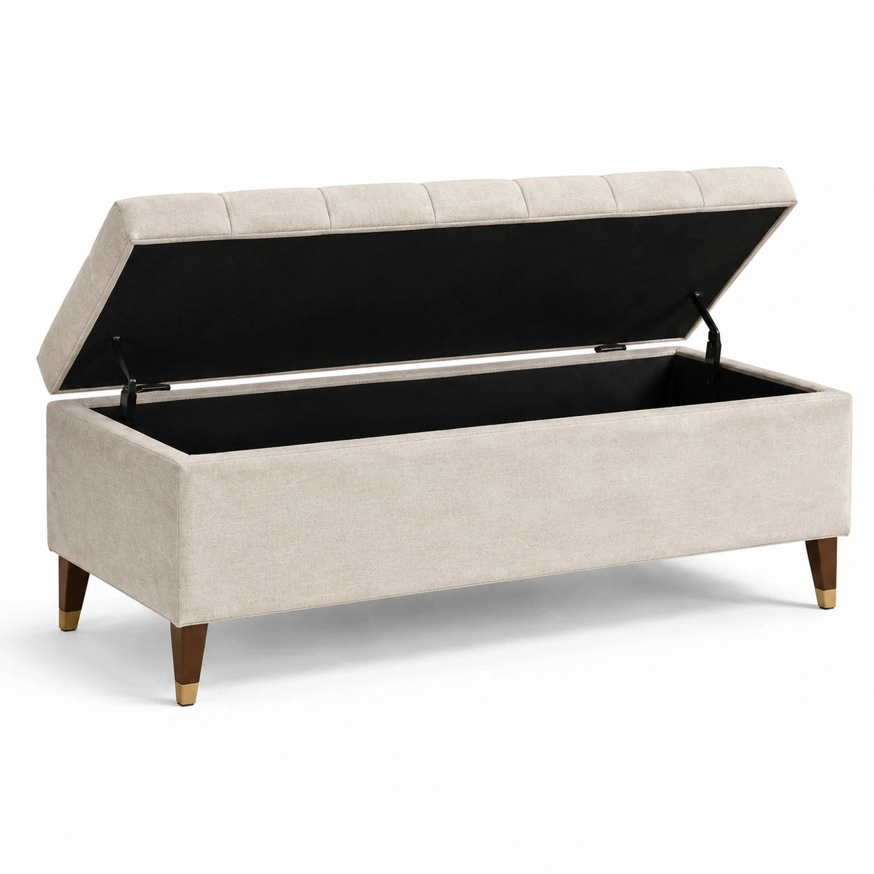 Banc de rangement en tissu polyester beige avec pieds en bois 120 cm