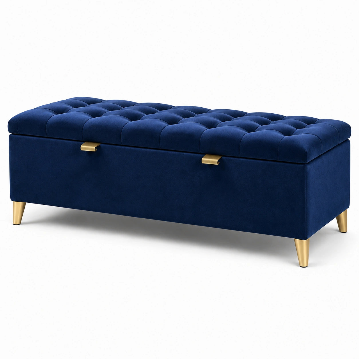 Banc de rangement en velours bleu avec pieds en métal doré