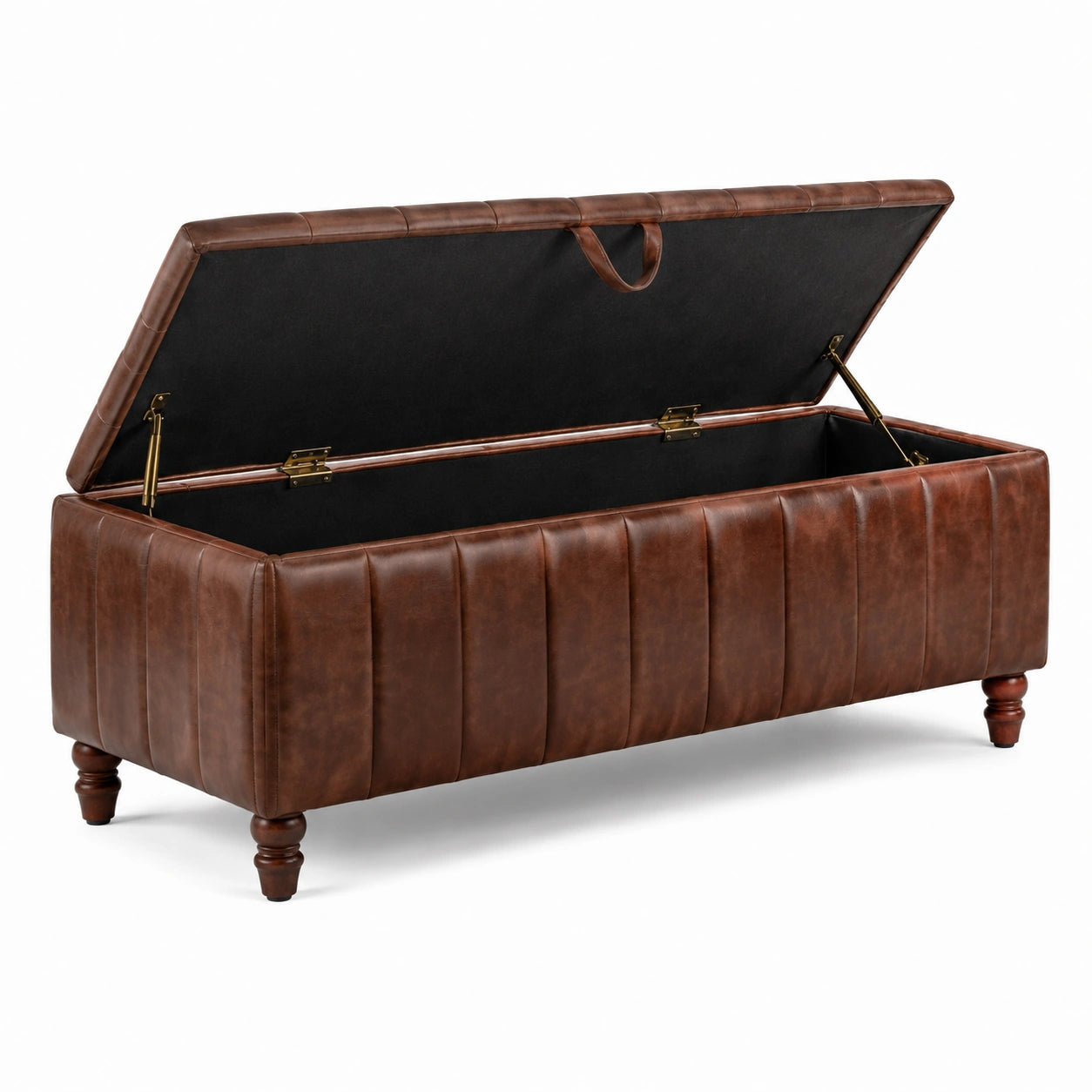 Banc de rangement en cuir synthétique marron avec pieds en bois