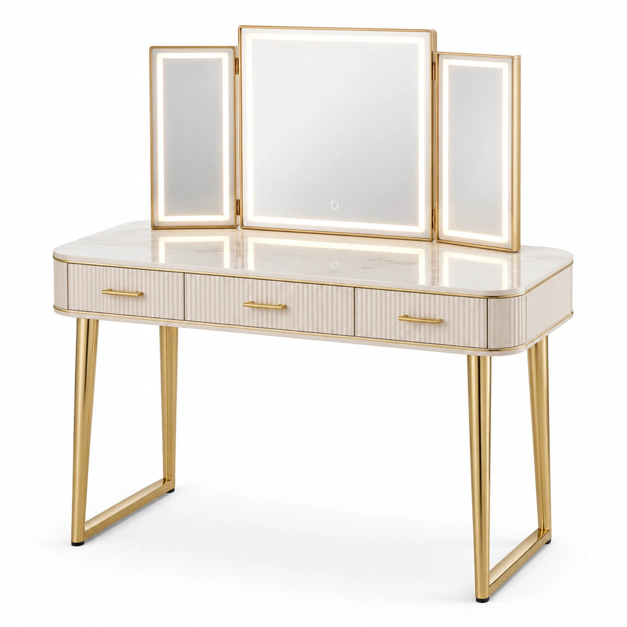 Coiffeuse en bois et métal avec miroir à LED et tiroirs - Blanc/Or
