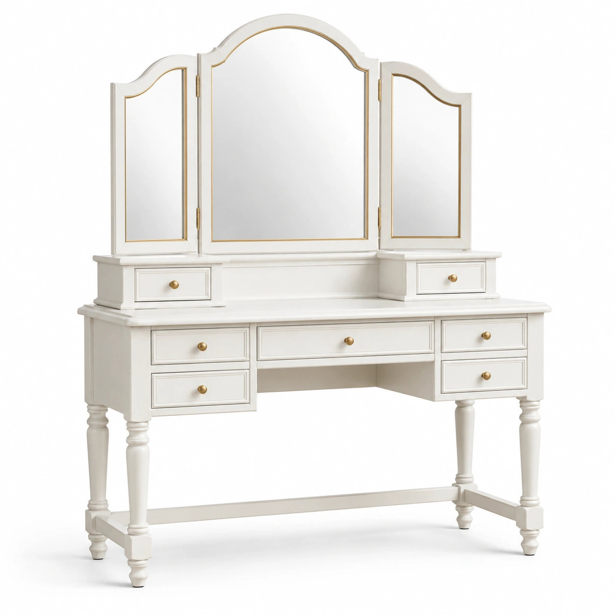 Coiffeuse en Bois avec Miroirs Triptyques et 7 Tiroirs Blanc