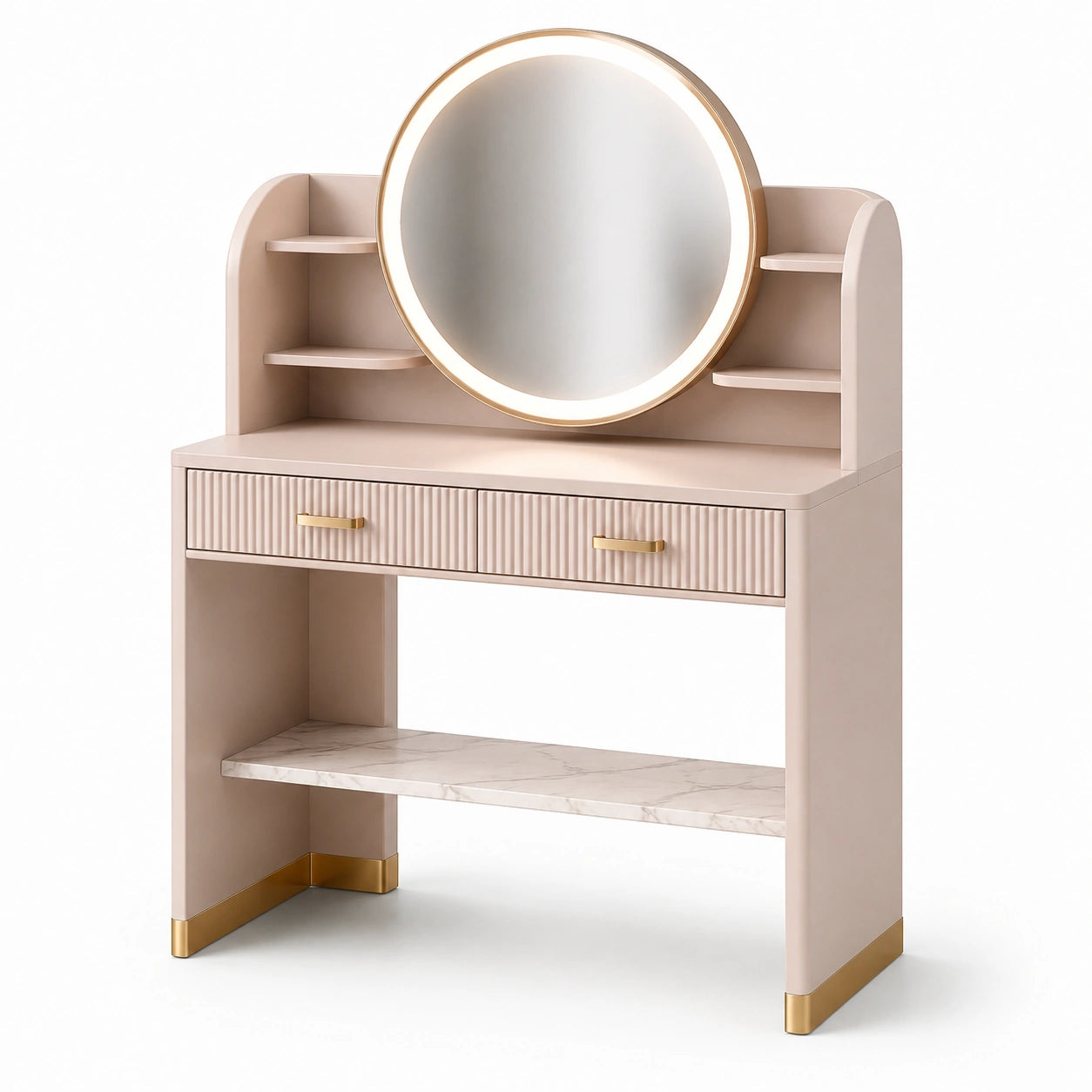 Coiffeuse en Bois MDF avec Miroir Rond LED et Marbre Synthétique Rose/Or