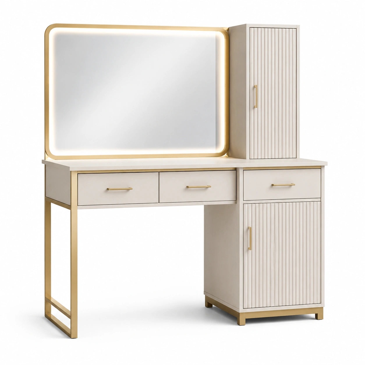 Coiffeuse avec miroir LED, bois et métal, crème et or
