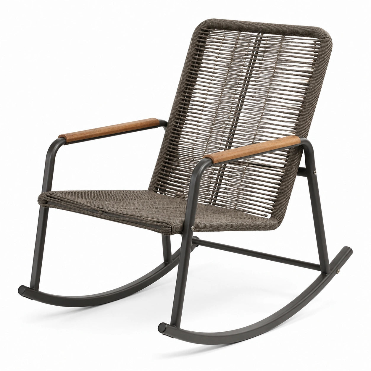 Fauteuil à bascule en métal et corde tressée avec accoudoirs en bois, 80x60x90 cm, marron
