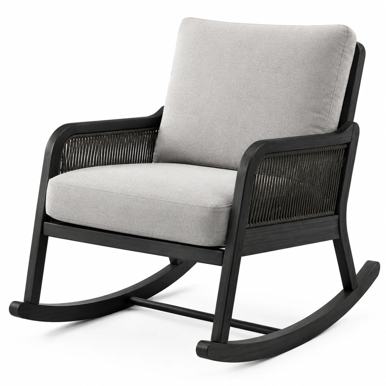 Fauteuil à bascule en bois avec coussin en lin gris