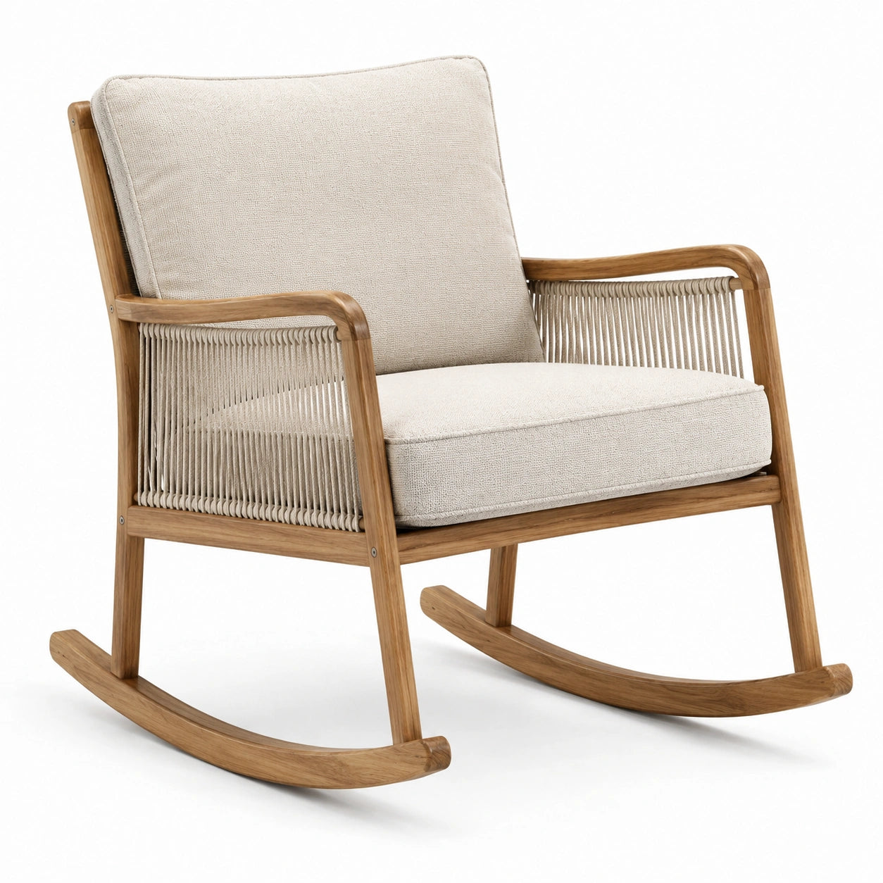 Fauteuil à bascule en bois et corde polyester beige 80cm