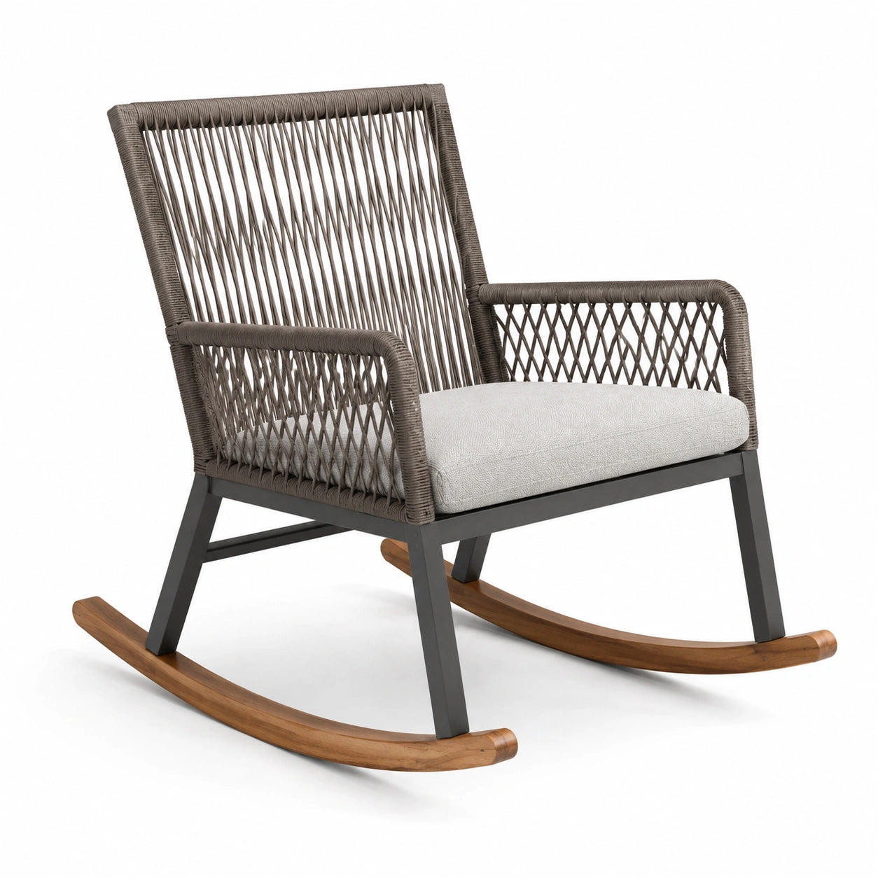 Fauteuil à bascule en corde gris avec cadre en métal