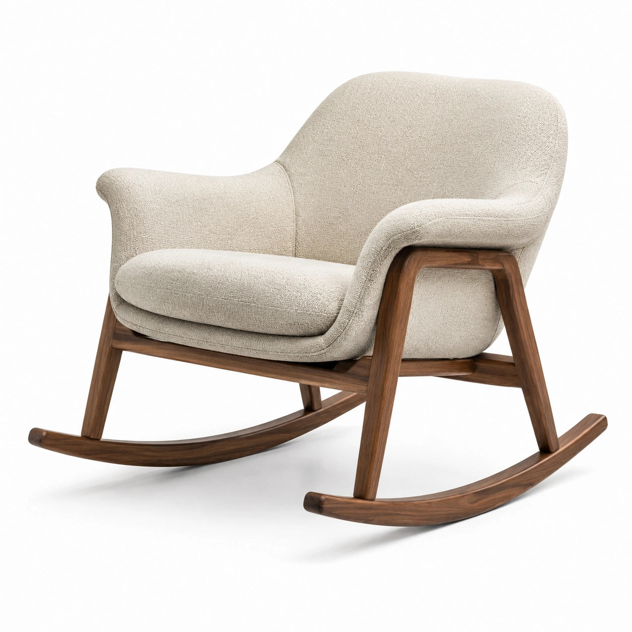Fauteuil à bascule en bois de noyer et tissu beige