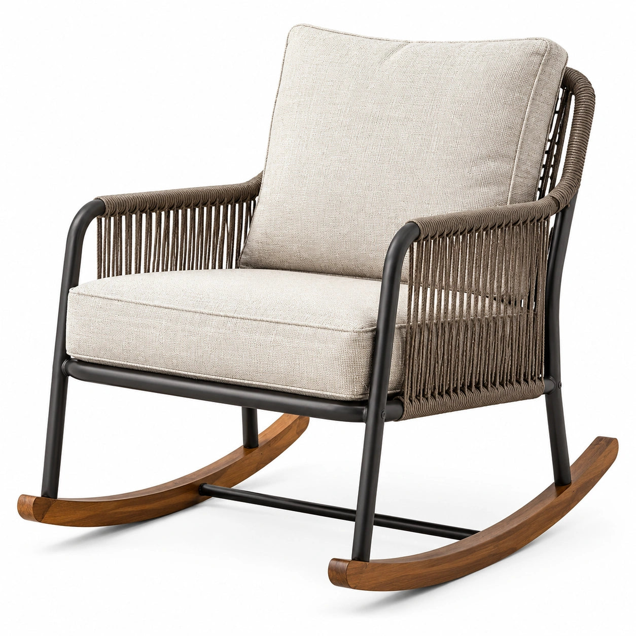 Fauteuil à bascule en métal et corde avec coussins en polyester beige