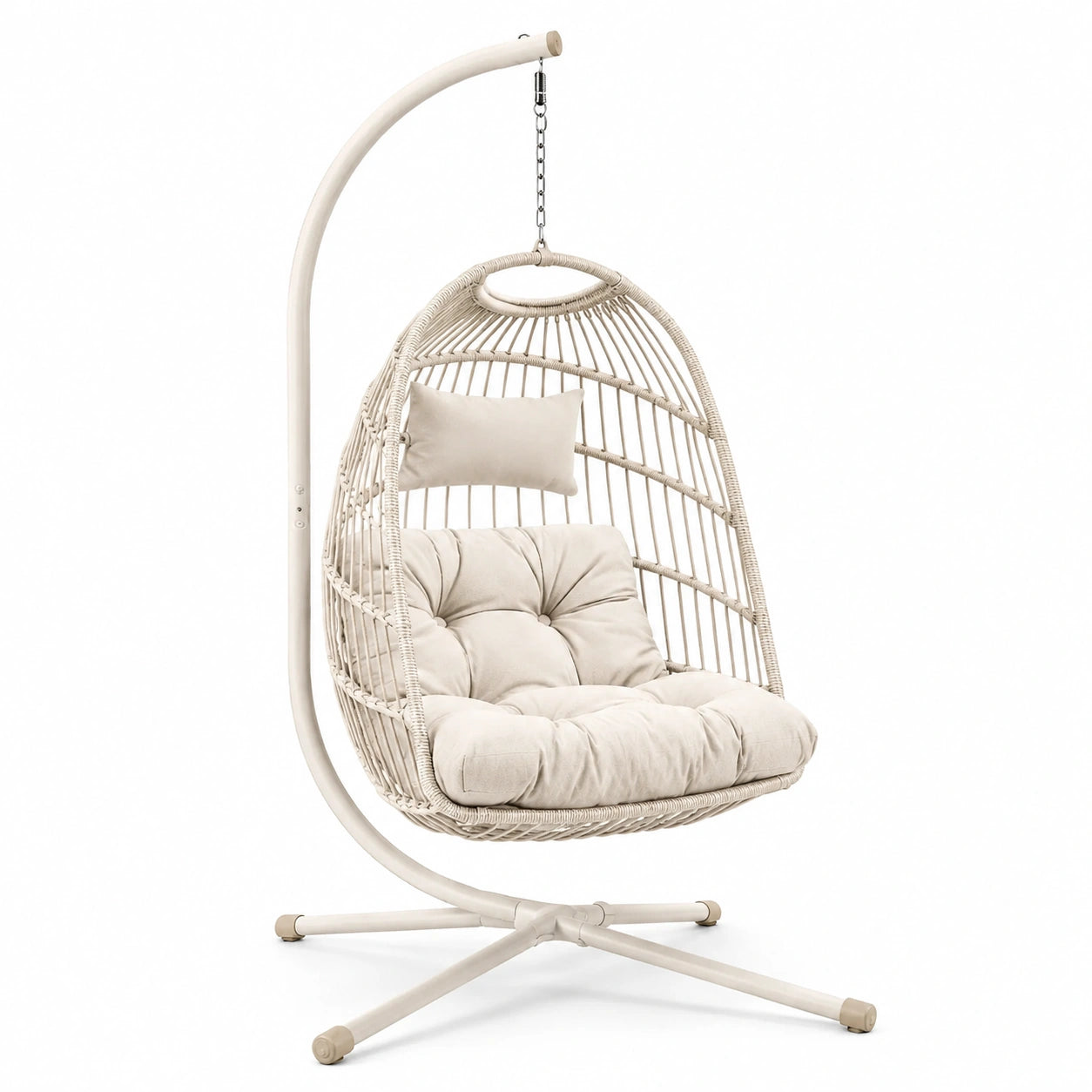 Chaise suspendue en métal et résine tressée avec coussins en coton beige