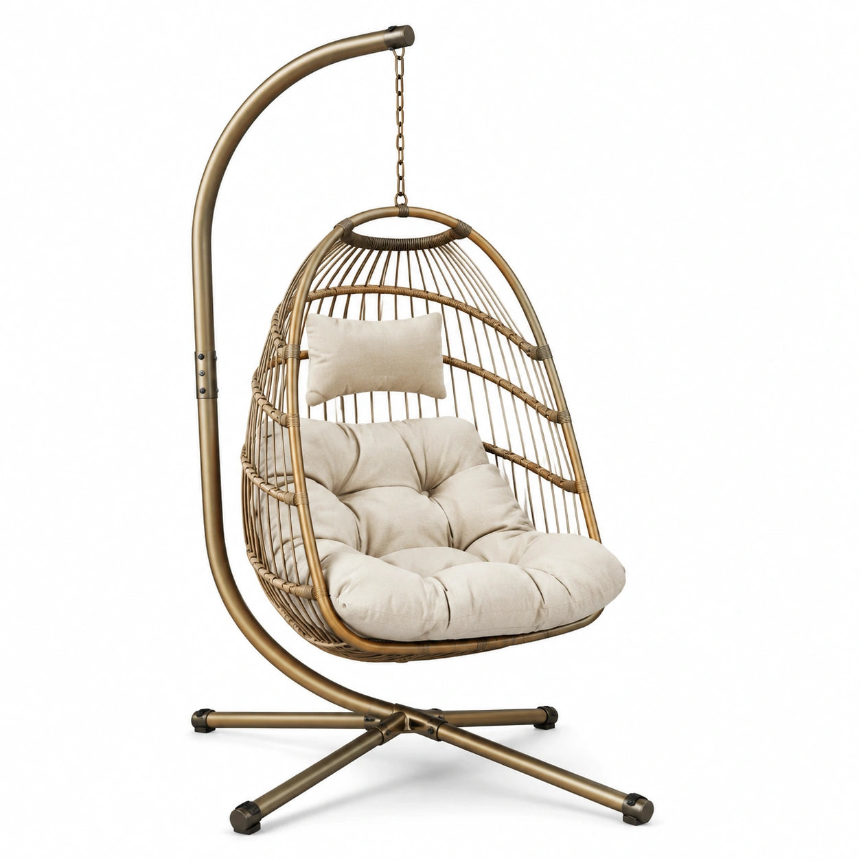 Chaise suspendue en rotin avec coussin beige et cadre en métal