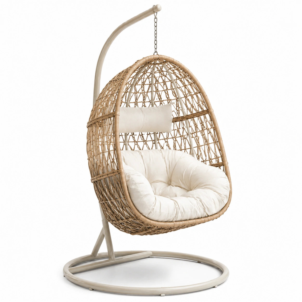 Fauteuil suspendu en rotin synthétique beige avec coussin crème et support en acier